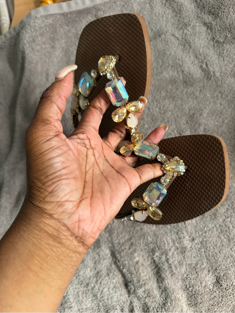 Jeweled Brown Platform Thong Sandals - Women's